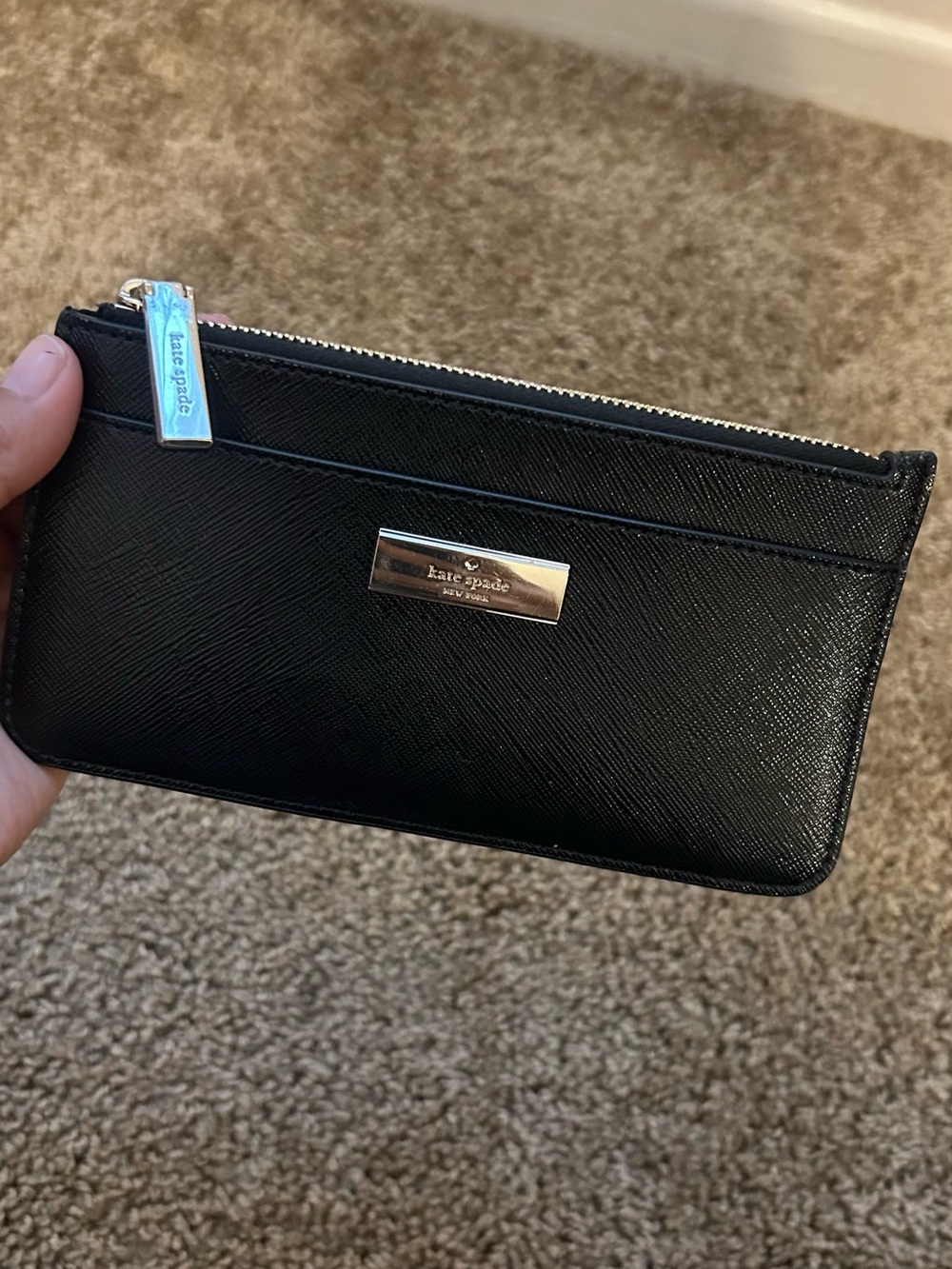 kate spade black zip card wallet with silver-tone plaque